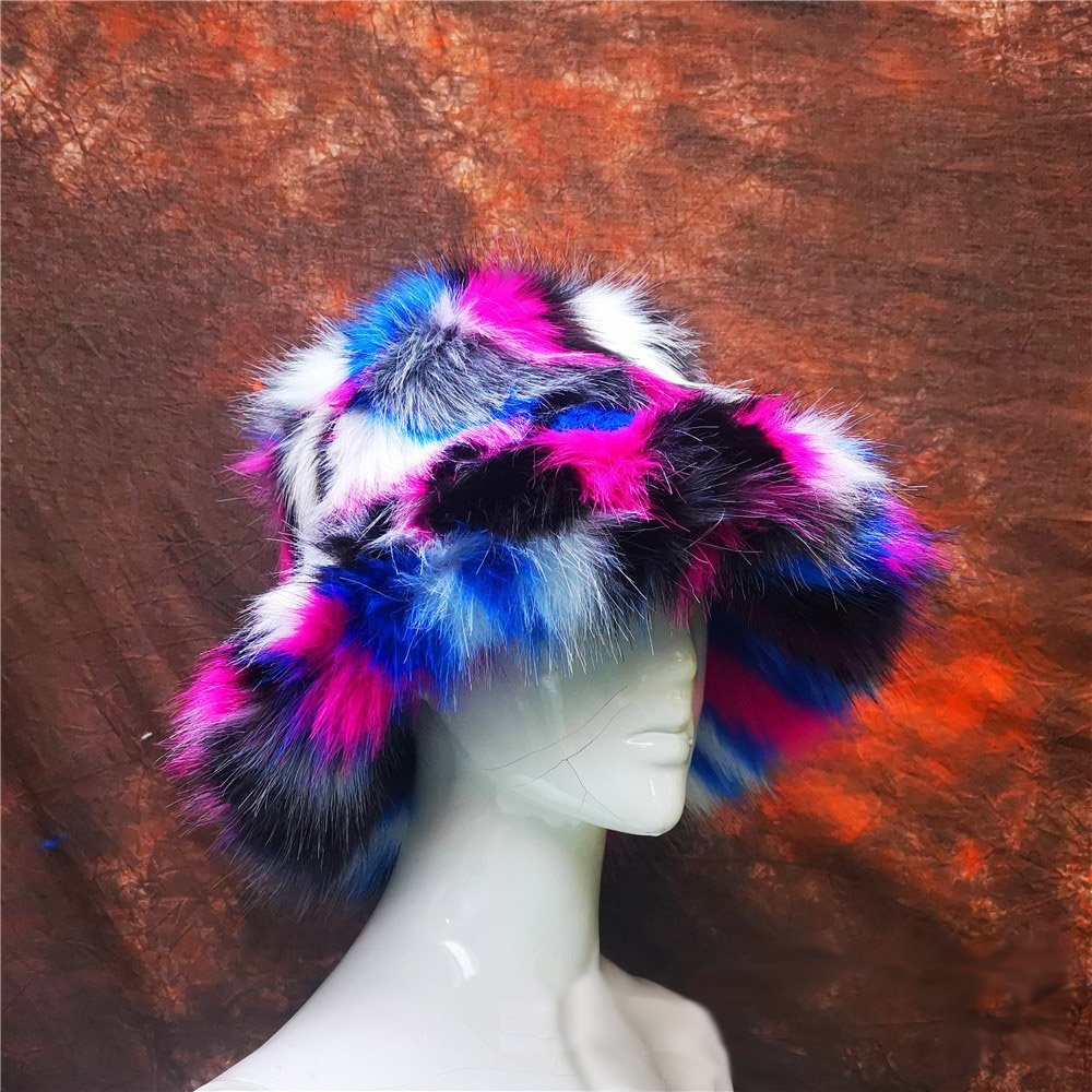 Tie Dye Faux Fur Bucket Hat for Women New Colored Multi Fisherman Hat Warm Thick Fuzzy Rainbow Winter Hat