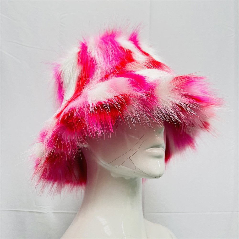Tie Dye Faux Fur Bucket Hat for Women New Colored Multi Fisherman Hat Warm Thick Fuzzy Rainbow Winter Hat
