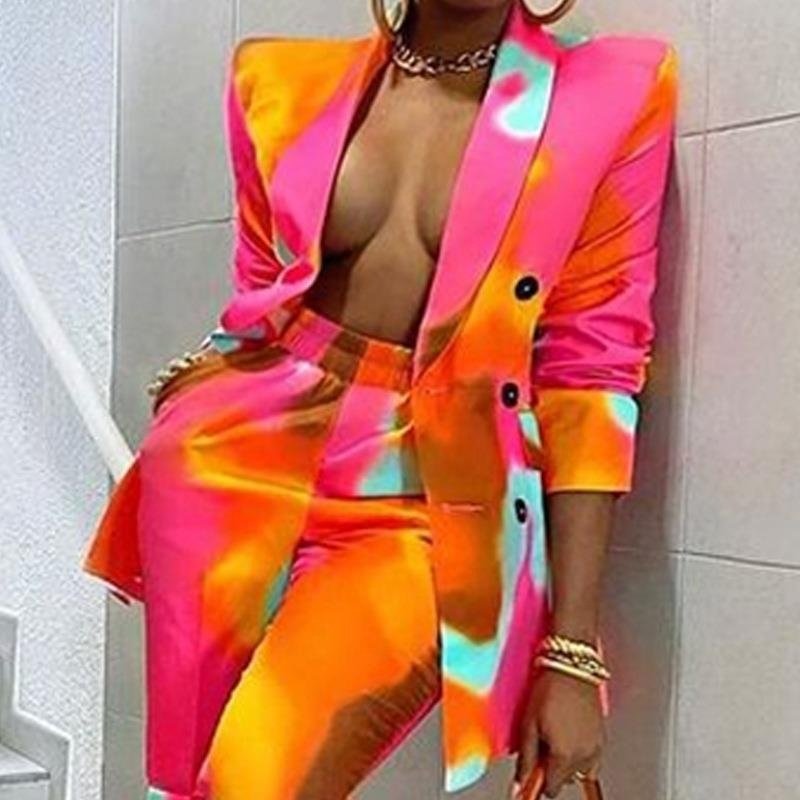 2 Piece Outfits for Women Tie Dye Long Sleeve Blazer Jackets with Skinny Pants Casual Elegant Business Suit Sets