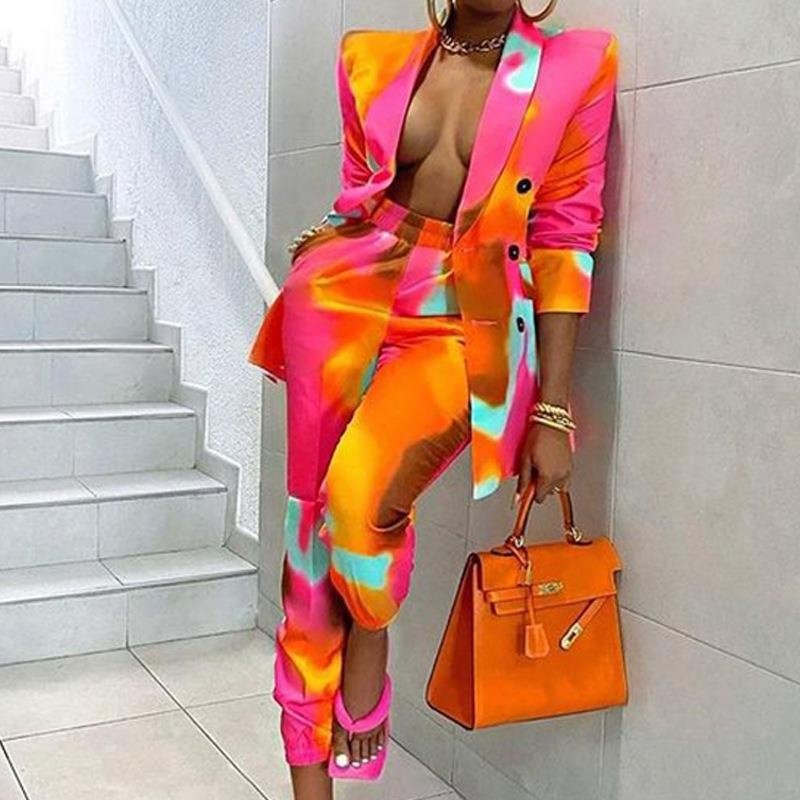 2 Piece Outfits for Women Tie Dye Long Sleeve Blazer Jackets with Skinny Pants Casual Elegant Business Suit Sets
