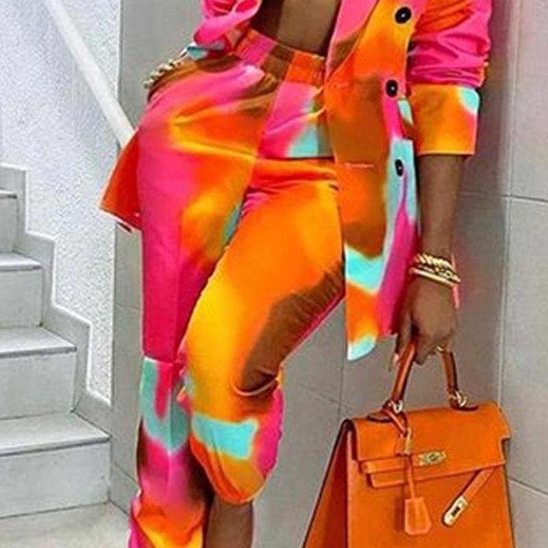 2 Piece Outfits for Women Tie Dye Long Sleeve Blazer Jackets with Skinny Pants Casual Elegant Business Suit Sets
