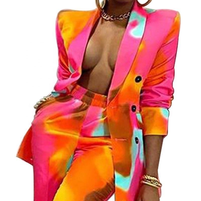 2 Piece Outfits for Women Tie Dye Long Sleeve Blazer Jackets with Skinny Pants Casual Elegant Business Suit Sets