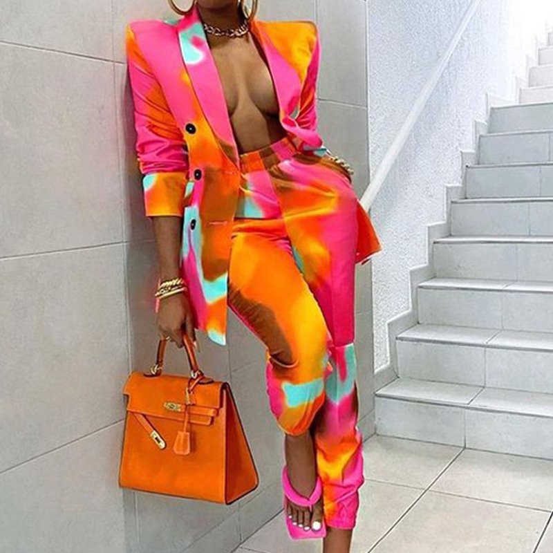 2 Piece Outfits for Women Tie Dye Long Sleeve Blazer Jackets with Skinny Pants Casual Elegant Business Suit Sets