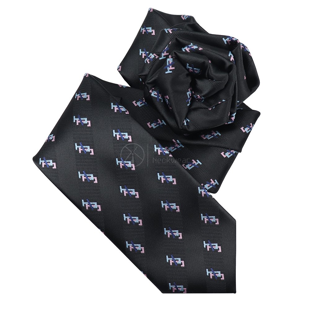 Polyester Tone on Tone Striped Men Women Necktie Bowtie Pocket Square Corsage Pins Custom Jack and Jill Logos Black Tie Set