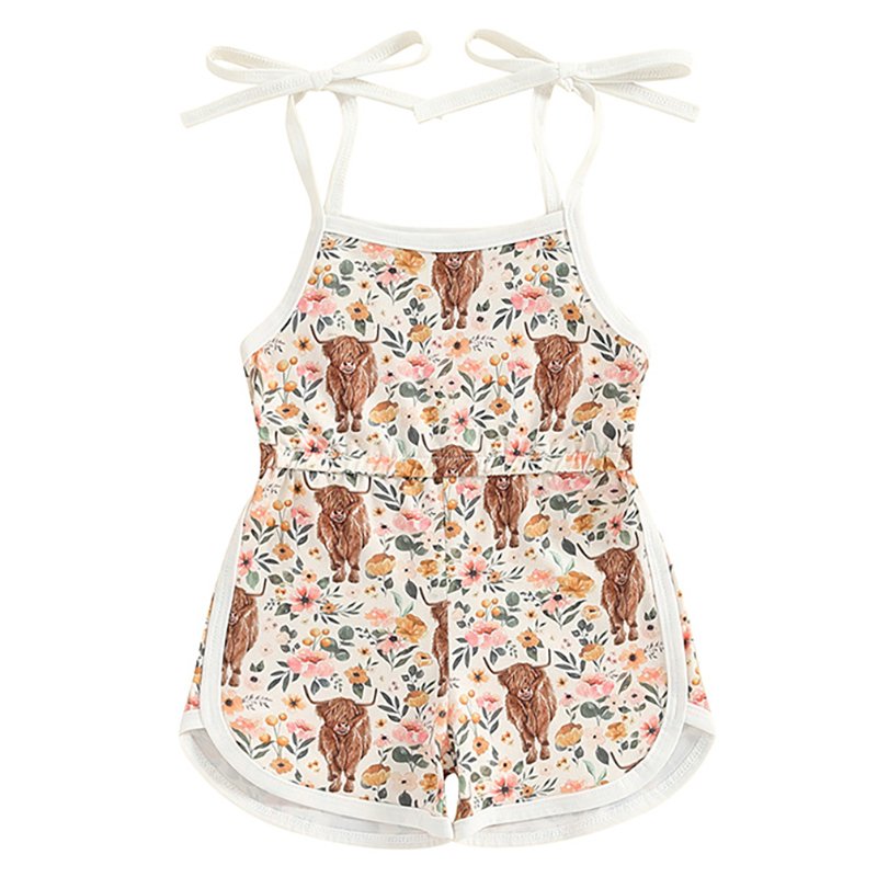 Summer Milk Silk Fabric Highland Cow Floral Print Infant Toddler Girl Jumpsuit Sleeveless Short Length Pants Tie Up Romper