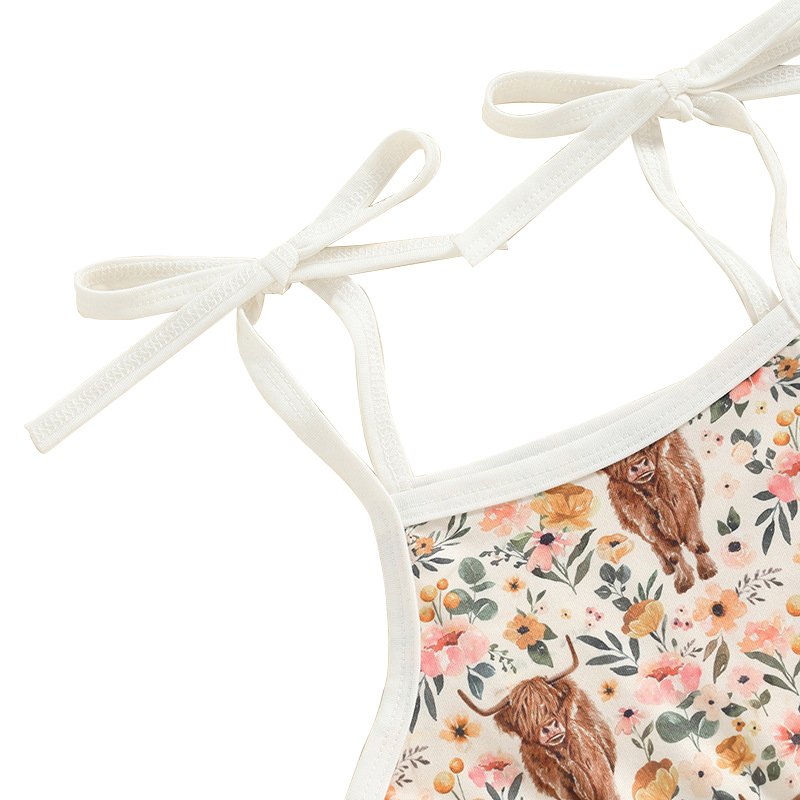 Summer Milk Silk Fabric Highland Cow Floral Print Infant Toddler Girl Jumpsuit Sleeveless Short Length Pants Tie Up Romper