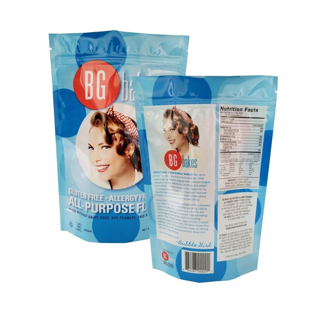 Custom full color printed food safe resealable recyclable stand up pouch with zip lock