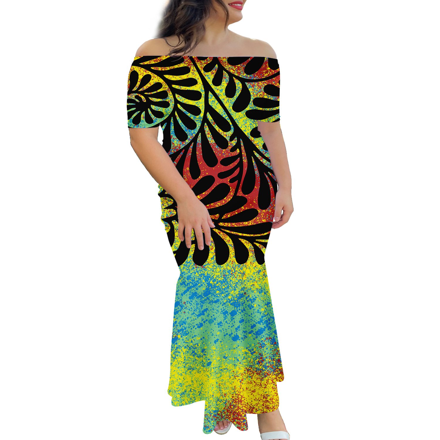 Tie Dye Pacific Island Art Fishtail Wedding Dress Custom Polynesian Tribal Off Shoulder Dresses Women Bodycon Mermaid Dresses