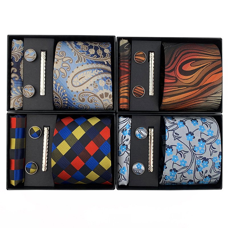 Fashion Style Ready Polyester Neckties Men's Tie Square Scarf Cuff Tie Clip Gift Box Set Business Casual Tie Black Gift Box