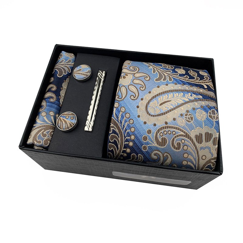 Fashion Style Ready Polyester Neckties Men's Tie Square Scarf Cuff Tie Clip Gift Box Set Business Casual Tie Black Gift Box