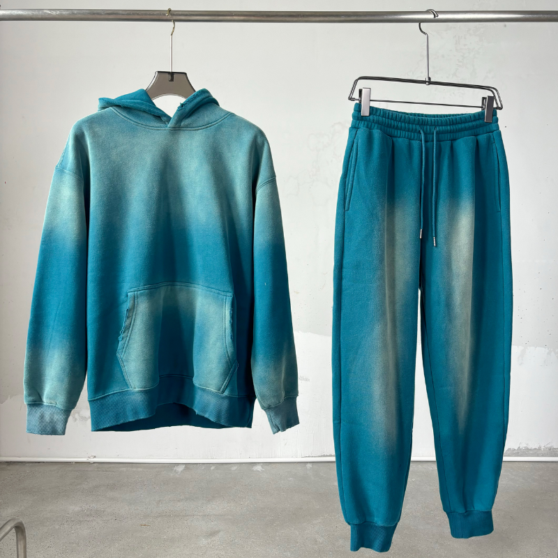 Custom 2 pieces unisex set brand aicd wash pocket winter hoodie and Leg tied sweatpants set for men Tracksuit jogger sweatsuit
