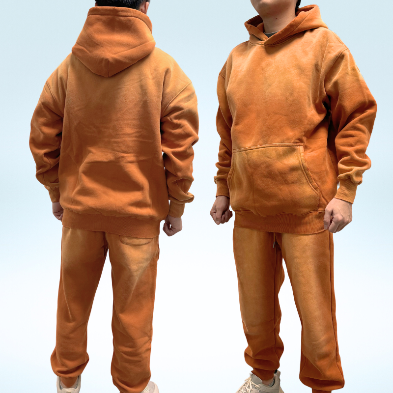 Custom 2 pieces unisex set brand aicd wash pocket winter hoodie and Leg tied sweatpants set for men Tracksuit jogger sweatsuit