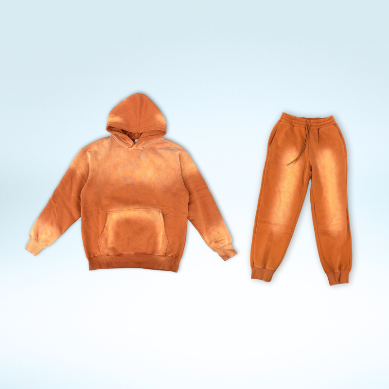 Custom 2 pieces unisex set brand aicd wash pocket winter hoodie and Leg tied sweatpants set for men Tracksuit jogger sweatsuit