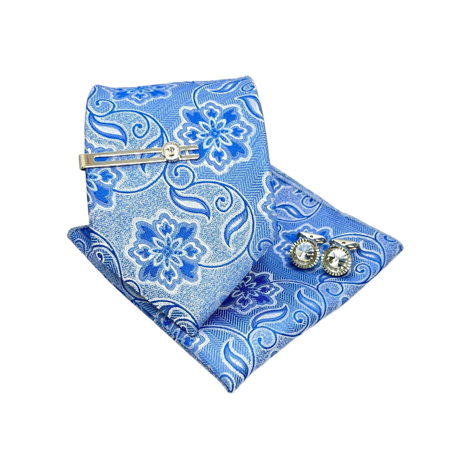 Sky Blue Floral Microsilk Tie Set