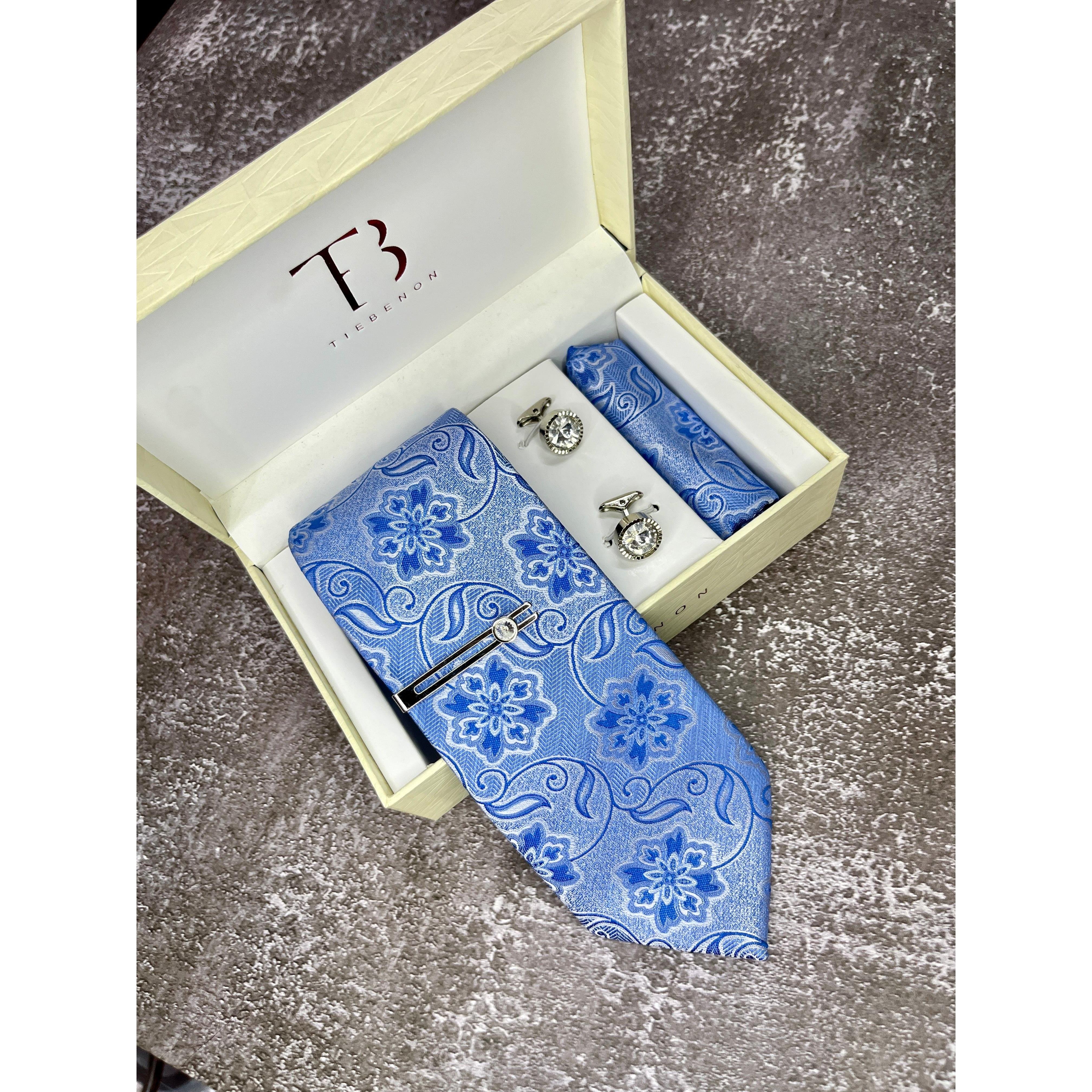 Sky Blue Floral Microsilk Tie Set