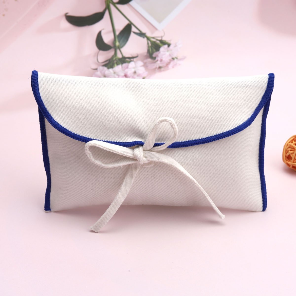 Custom Logo Printed White Cotton Twill Envelope Pouch For Handbag Luxury Flap Reusable Cotton Dust Gift Jewelry Pouch