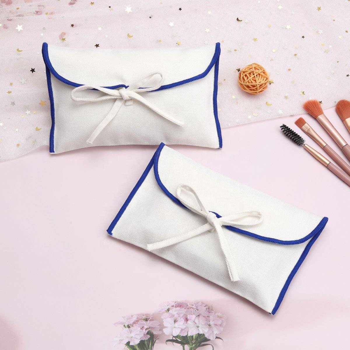 Custom Logo Printed White Cotton Twill Envelope Pouch For Handbag Luxury Flap Reusable Cotton Dust Gift Jewelry Pouch