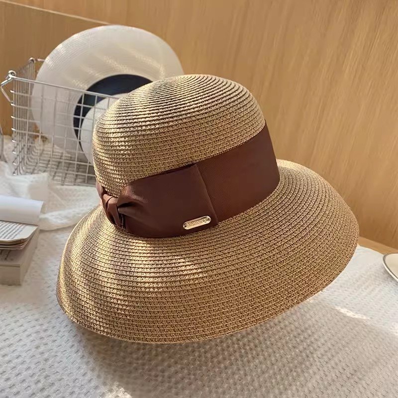 2024 hot selling Hepburn style straw hat summer shading sun protection fashion outdoor beach bow tie gorras bucket hat
