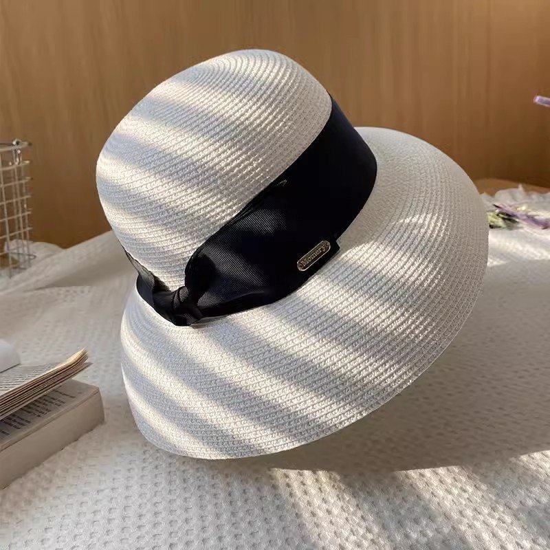 2024 hot selling Hepburn style straw hat summer shading sun protection fashion outdoor beach bow tie gorras bucket hat