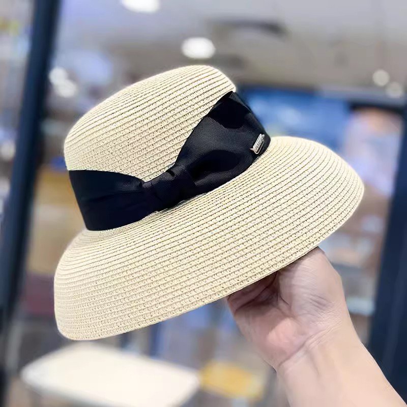 2024 hot selling Hepburn style straw hat summer shading sun protection fashion outdoor beach bow tie gorras bucket hat