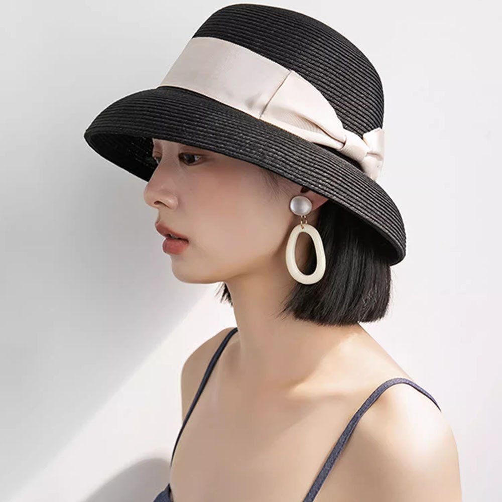 2024 hot selling Hepburn style straw hat summer shading sun protection fashion outdoor beach bow tie gorras bucket hat