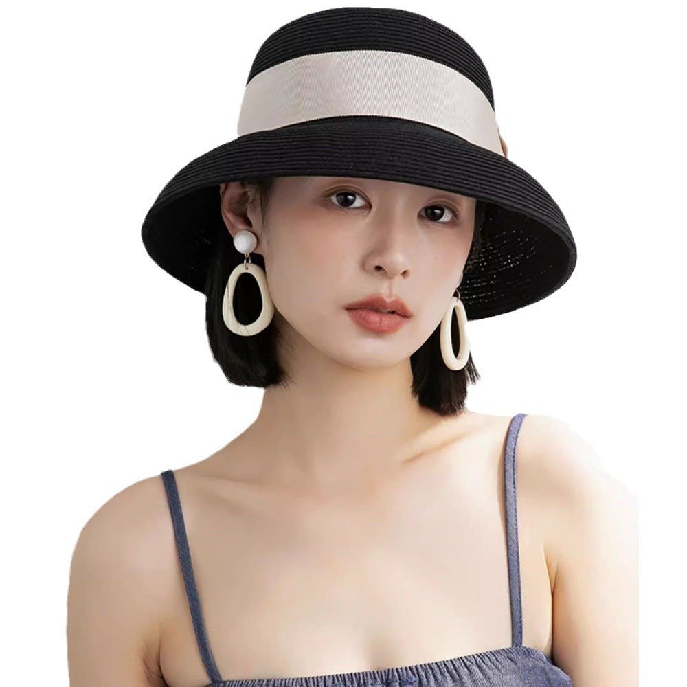 2024 hot selling Hepburn style straw hat summer shading sun protection fashion outdoor beach bow tie gorras bucket hat