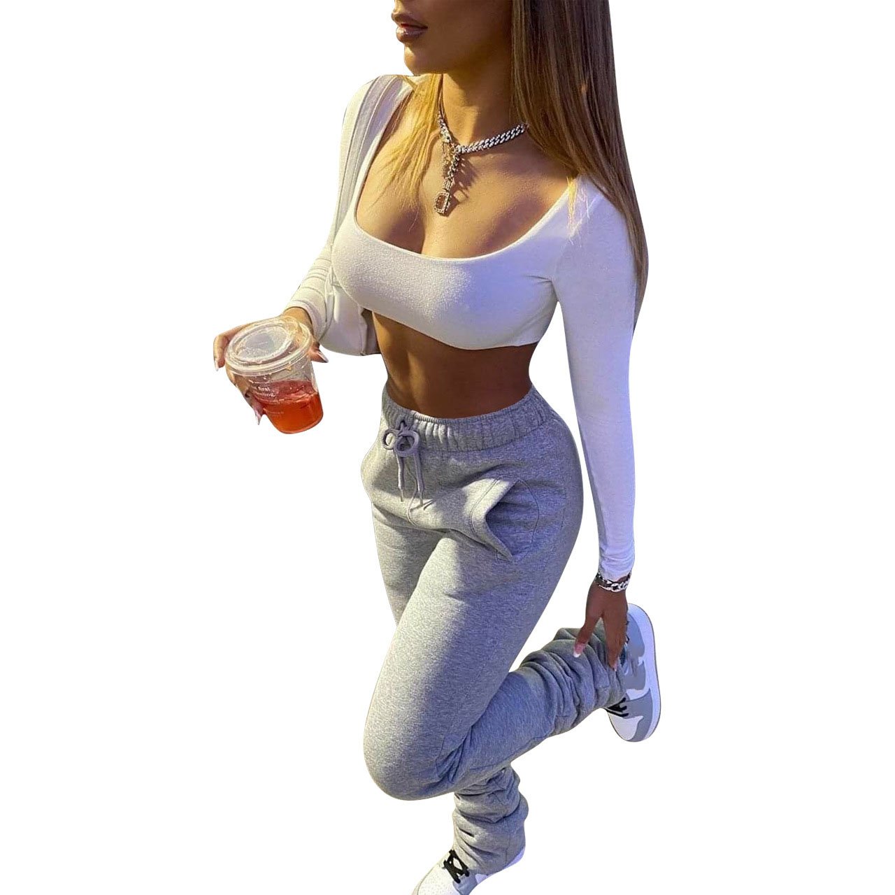 2023 Fall 100% Cotton Custom Logo Gym Cargo Track Jogger Fleece Skinny Female Flare Stacked Sweatpants Women Stacked Sweat Pants