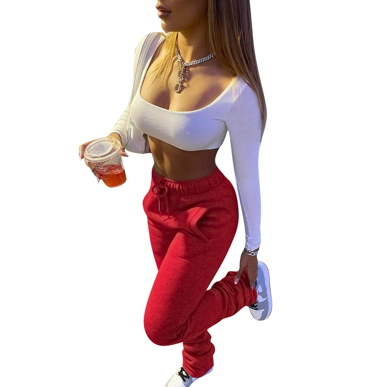 2023 Fall 100% Cotton Custom Logo Gym Cargo Track Jogger Fleece Skinny Female Flare Stacked Sweatpants Women Stacked Sweat Pants