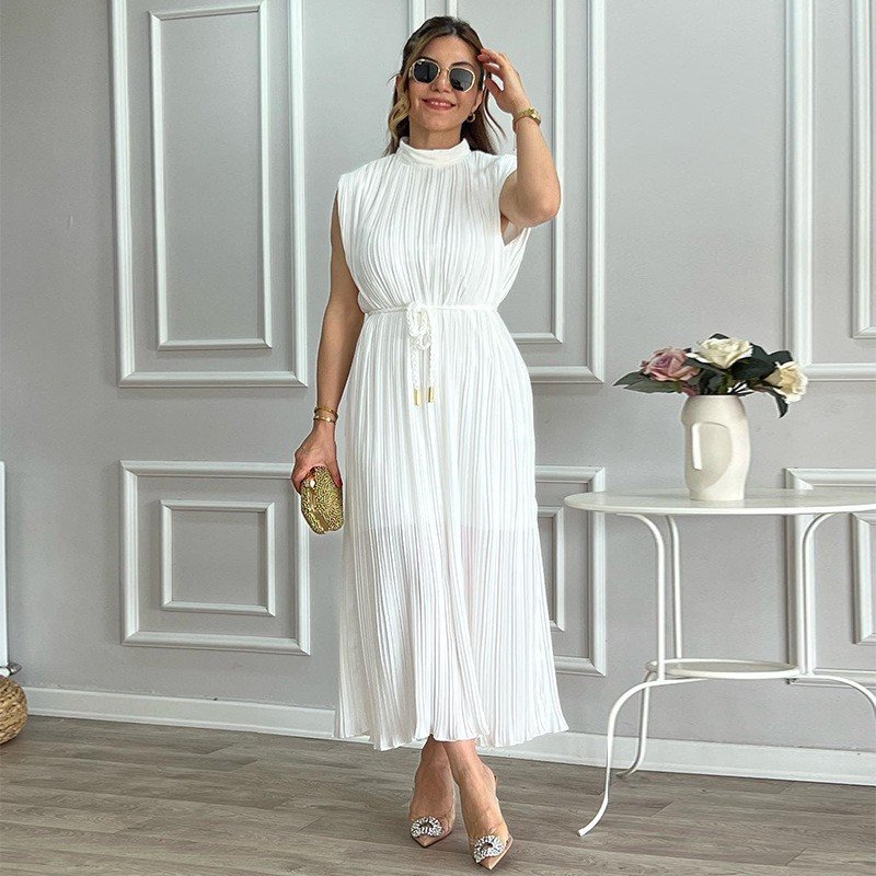 Dropshipping Products New Women's Clothes Dresses Women Lady Elegant Simple Half Neck Waist Cinching Tie Midi Ladies Dress