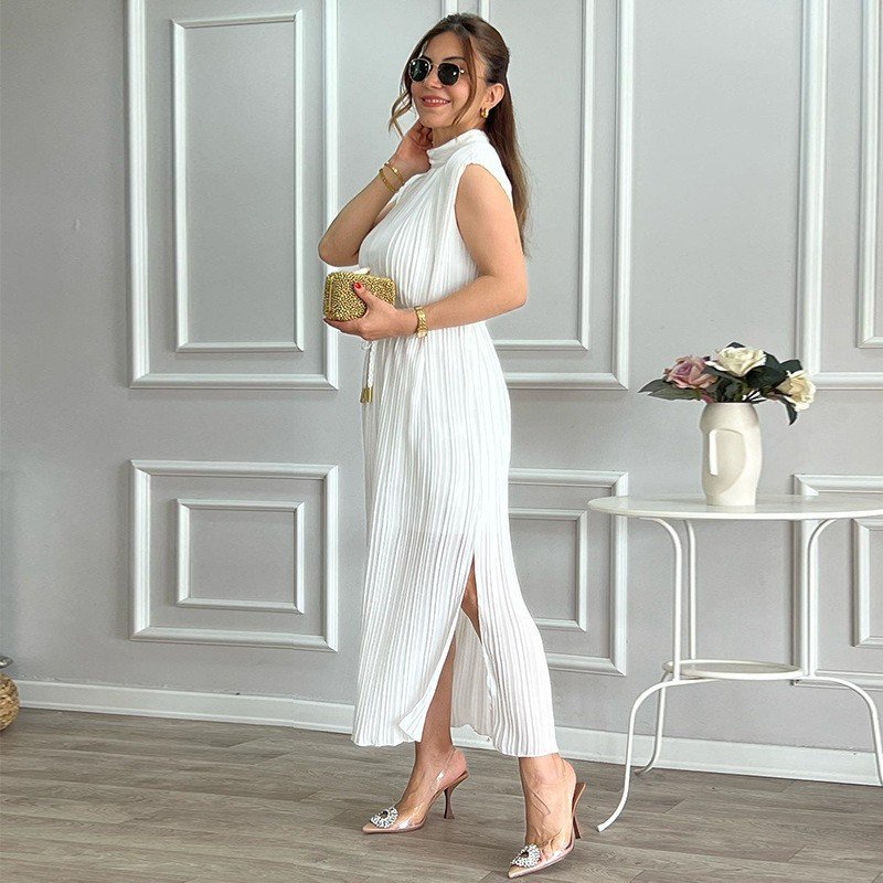 Dropshipping Products New Women's Clothes Dresses Women Lady Elegant Simple Half Neck Waist Cinching Tie Midi Ladies Dress