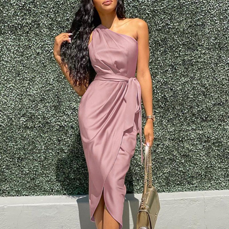 one shoulder bodycon dress satin surplice ruched casual women dress elegant 2022