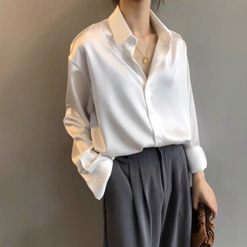 New 2022 Autumn Fashion Button Up Satin Silk Shirt Vintage Blouse Women White Lady Long Sleeves Female Loose Street Shirts