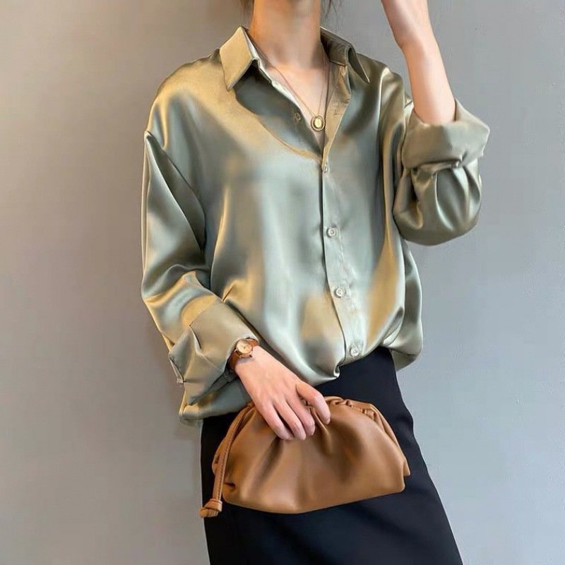 New 2022 Autumn Fashion Button Up Satin Silk Shirt Vintage Blouse Women White Lady Long Sleeves Female Loose Street Shirts