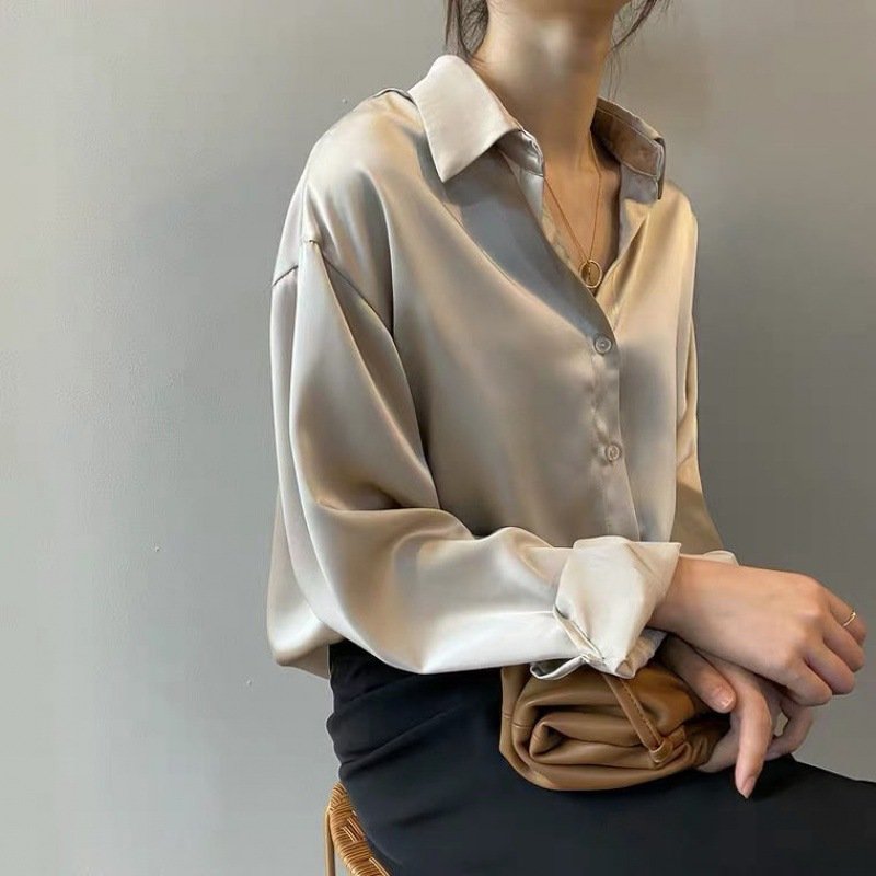 New 2022 Autumn Fashion Button Up Satin Silk Shirt Vintage Blouse Women White Lady Long Sleeves Female Loose Street Shirts