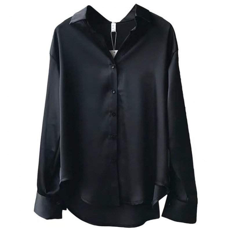 New 2022 Autumn Fashion Button Up Satin Silk Shirt Vintage Blouse Women White Lady Long Sleeves Female Loose Street Shirts