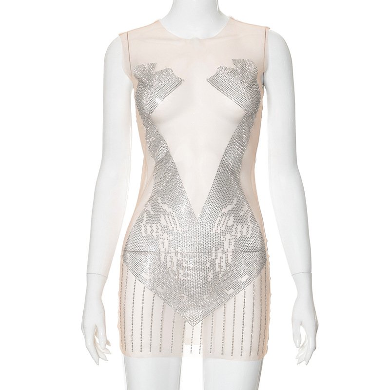 Summer 2024 Patchwork Mesh Hot-diamond Sleeveless Mini Dress Bodycon Sexy Hollow Out Fashion Dress For Women Lady