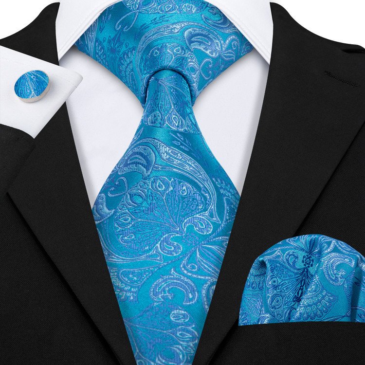 Hi-Tie Exquisite Embroidered Light Blues Silk Tie and Handkerchief Floral Mens Necktie