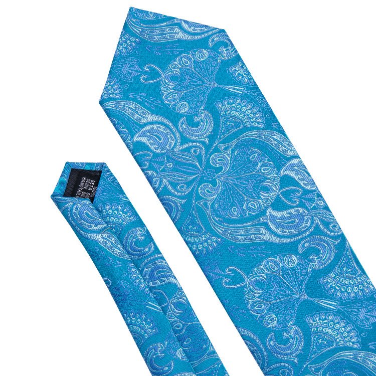 Hi-Tie Exquisite Embroidered Light Blues Silk Tie and Handkerchief Floral Mens Necktie