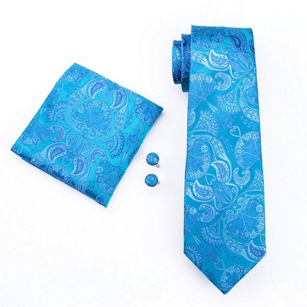 Hi-Tie Exquisite Embroidered Light Blues Silk Tie and Handkerchief Floral Mens Necktie