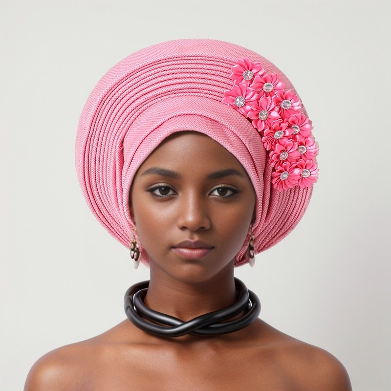New Sticky Flower Heavy Industry Bright Silk Laminated Tied Hat Nigerian Wedding Party Aoto Gele Baotou Hat