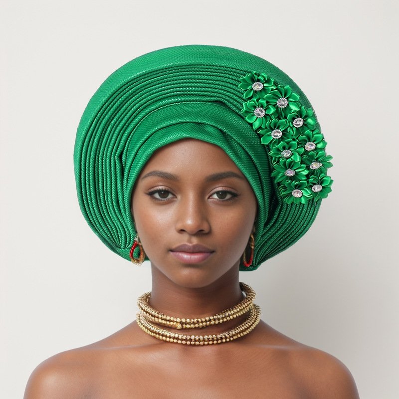 New Sticky Flower Heavy Industry Bright Silk Laminated Tied Hat Nigerian Wedding Party Aoto Gele Baotou Hat