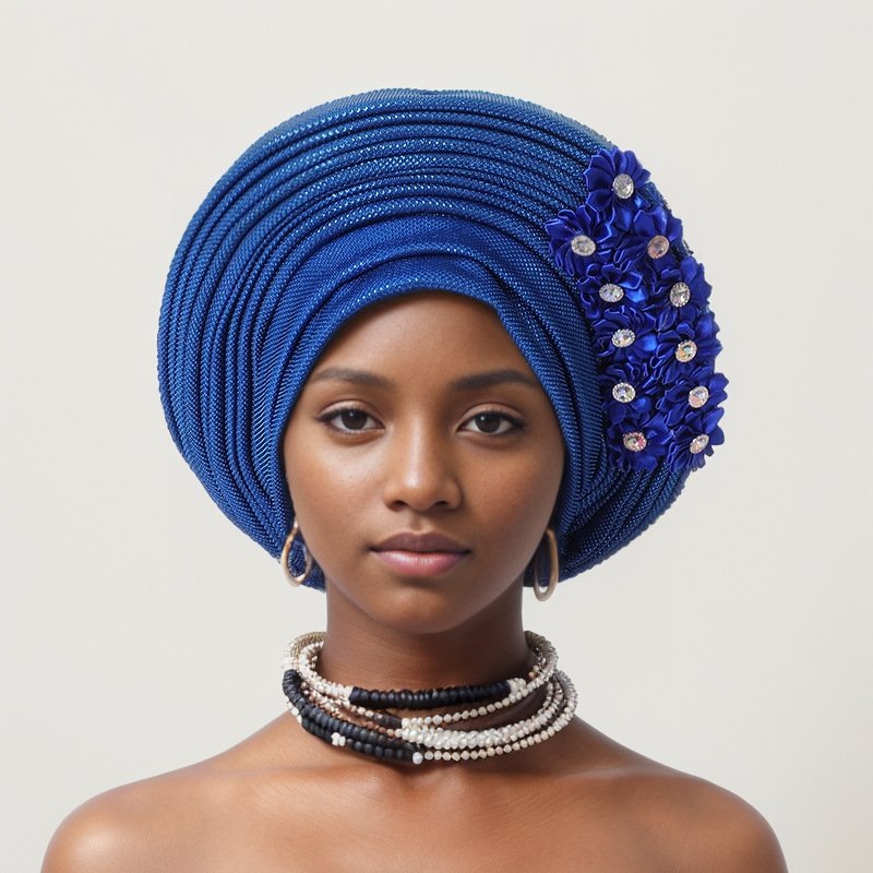 New Sticky Flower Heavy Industry Bright Silk Laminated Tied Hat Nigerian Wedding Party Aoto Gele Baotou Hat