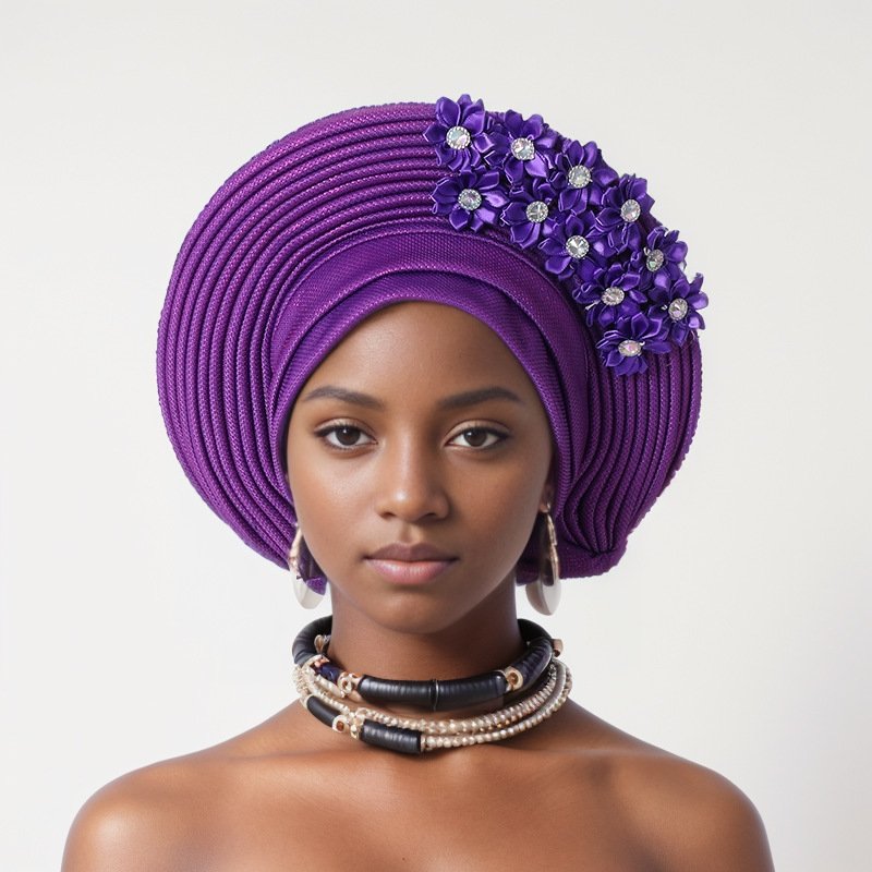 New Sticky Flower Heavy Industry Bright Silk Laminated Tied Hat Nigerian Wedding Party Aoto Gele Baotou Hat