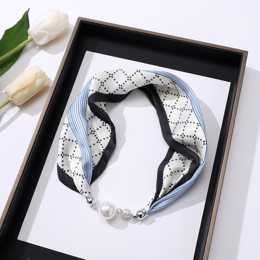 Fancy Girls Silk Print Magnetic Buckle Neck Tie Scarf Women Luxury Necklace Pendant Small Hair Scarf