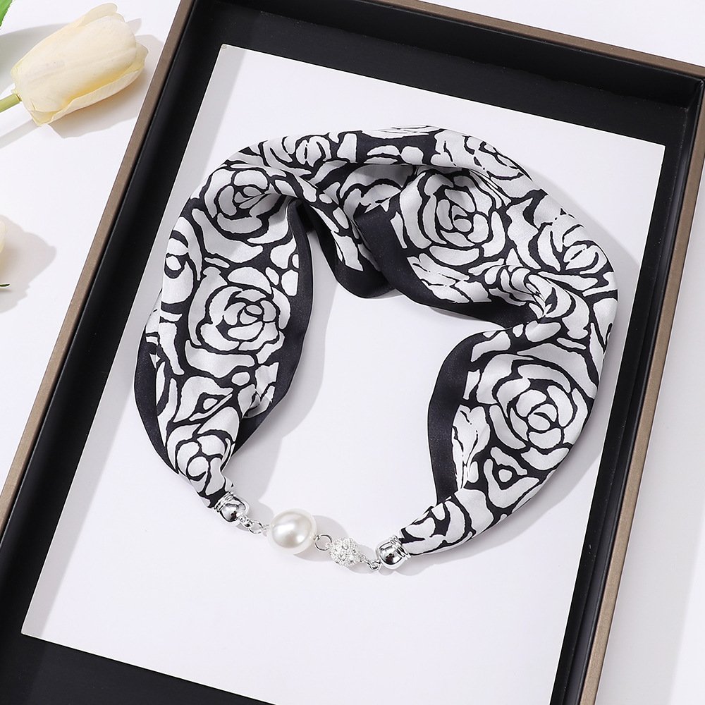 Fancy Girls Silk Print Magnetic Buckle Neck Tie Scarf Women Luxury Necklace Pendant Small Hair Scarf