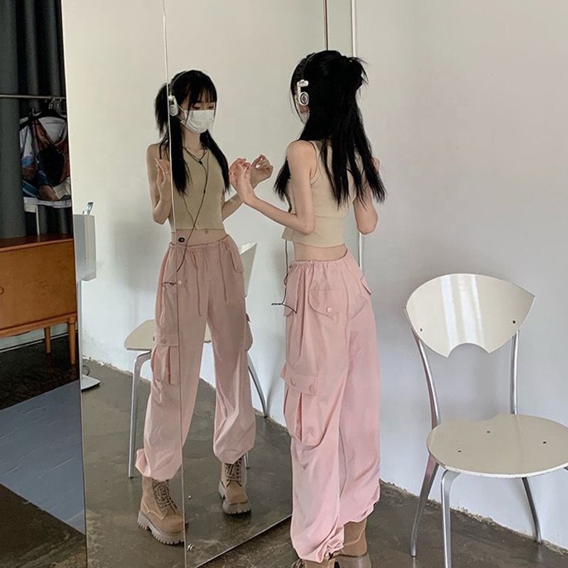 New Stylish Fashion Drawstring Women Cargo Pants Fashion Streetwear Girls Pink Leisure Drawstring Y2K Cargo Pants