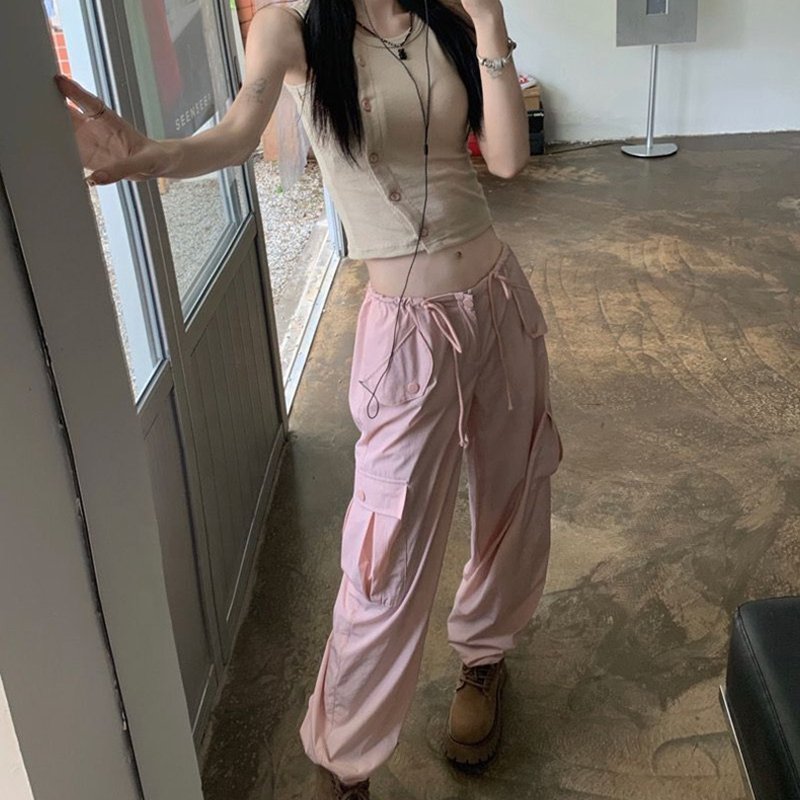 New Stylish Fashion Drawstring Women Cargo Pants Fashion Streetwear Girls Pink Leisure Drawstring Y2K Cargo Pants