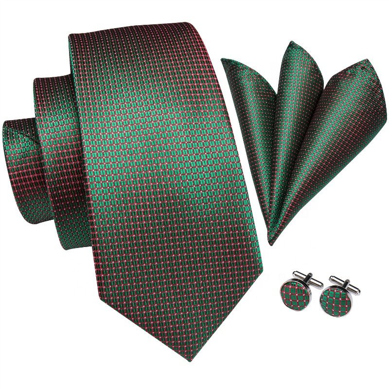 Hot Fashion Green Red for Mens Silk Tie Hanky Cufflinks Set Floral Jacquard Gravatas Mens Party Necktie