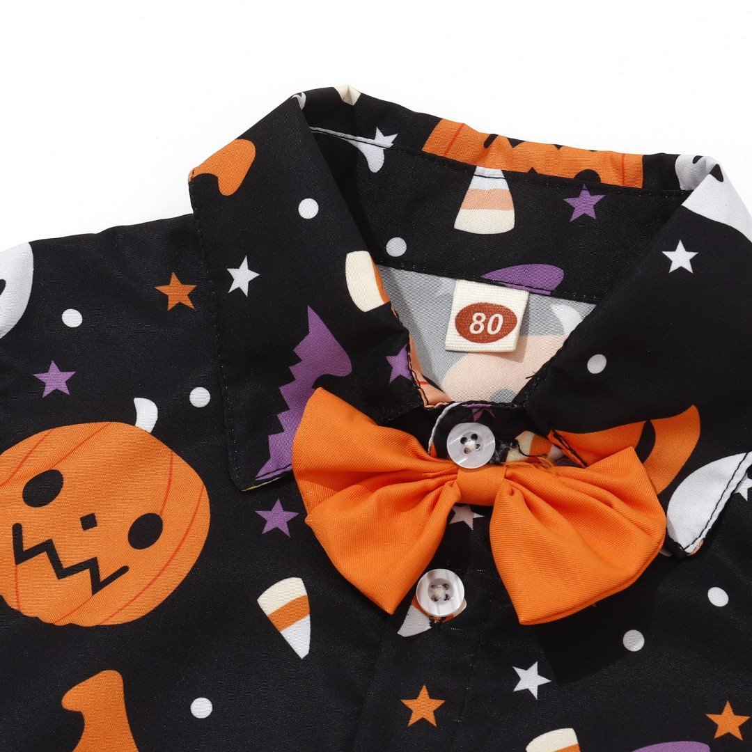 2024 Summer Kids Clothing Set Boys 2 Piece Halloween Print Turn down Collar Shirt and Shorts Boys Clothing Set