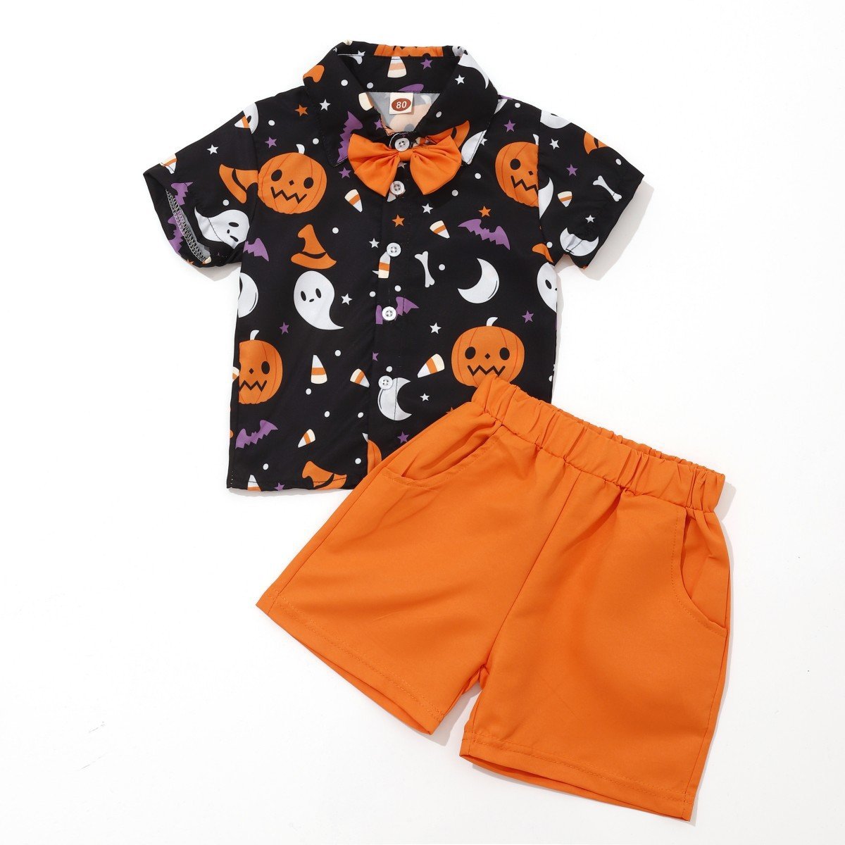 2024 Summer Kids Clothing Set Boys 2 Piece Halloween Print Turn down Collar Shirt and Shorts Boys Clothing Set